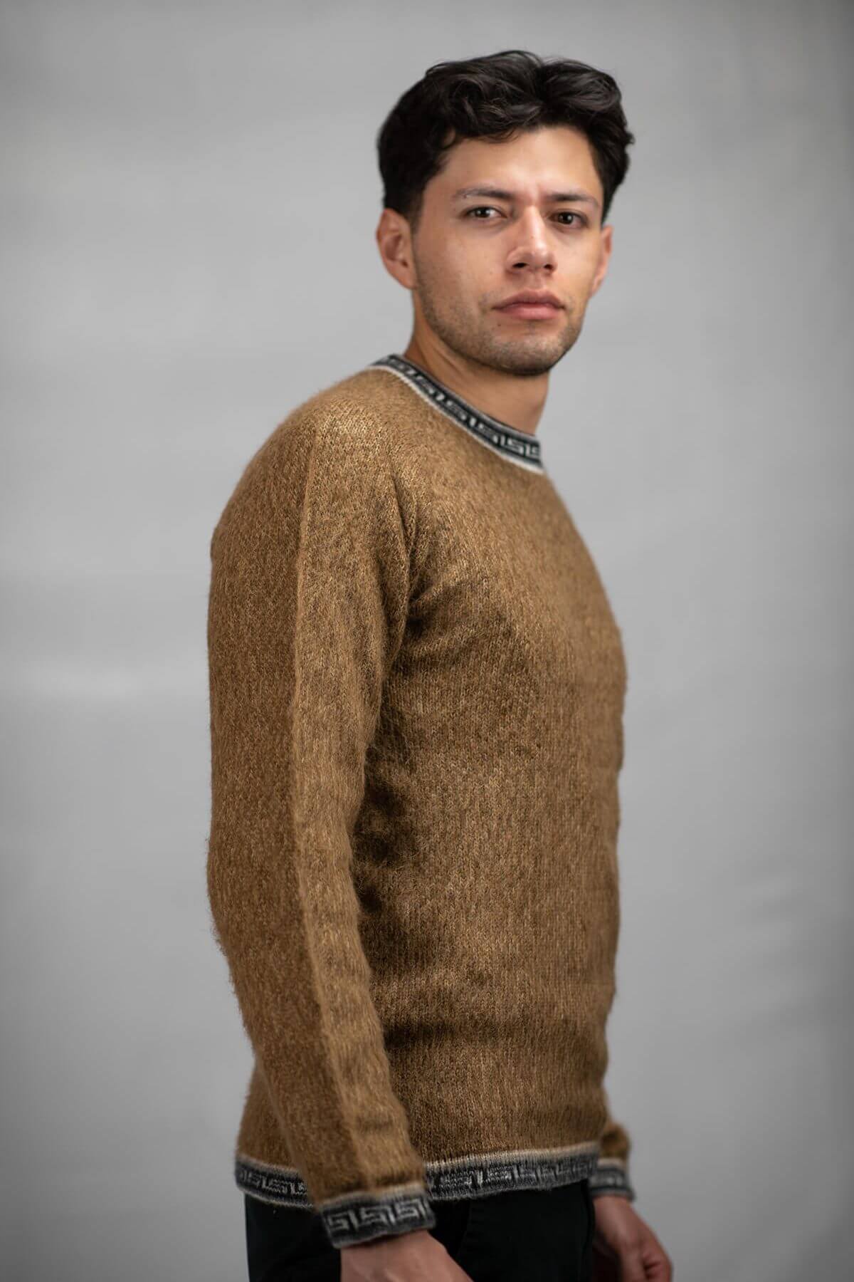Pullover Sweater Greca Caramel 100% Peruvian alpaca Handmade Men's