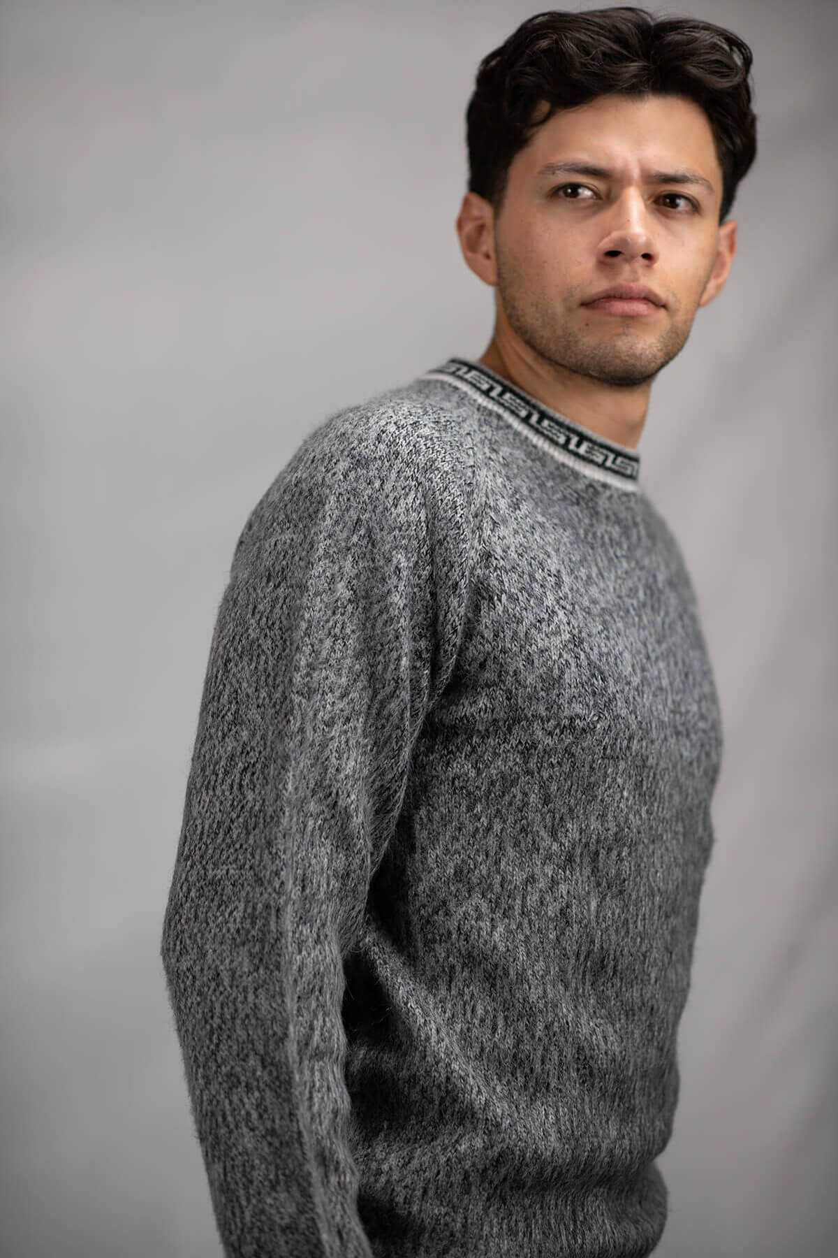 Pullover Sweater Greca Gray 100% Peruvian alpaca Handmade Men's