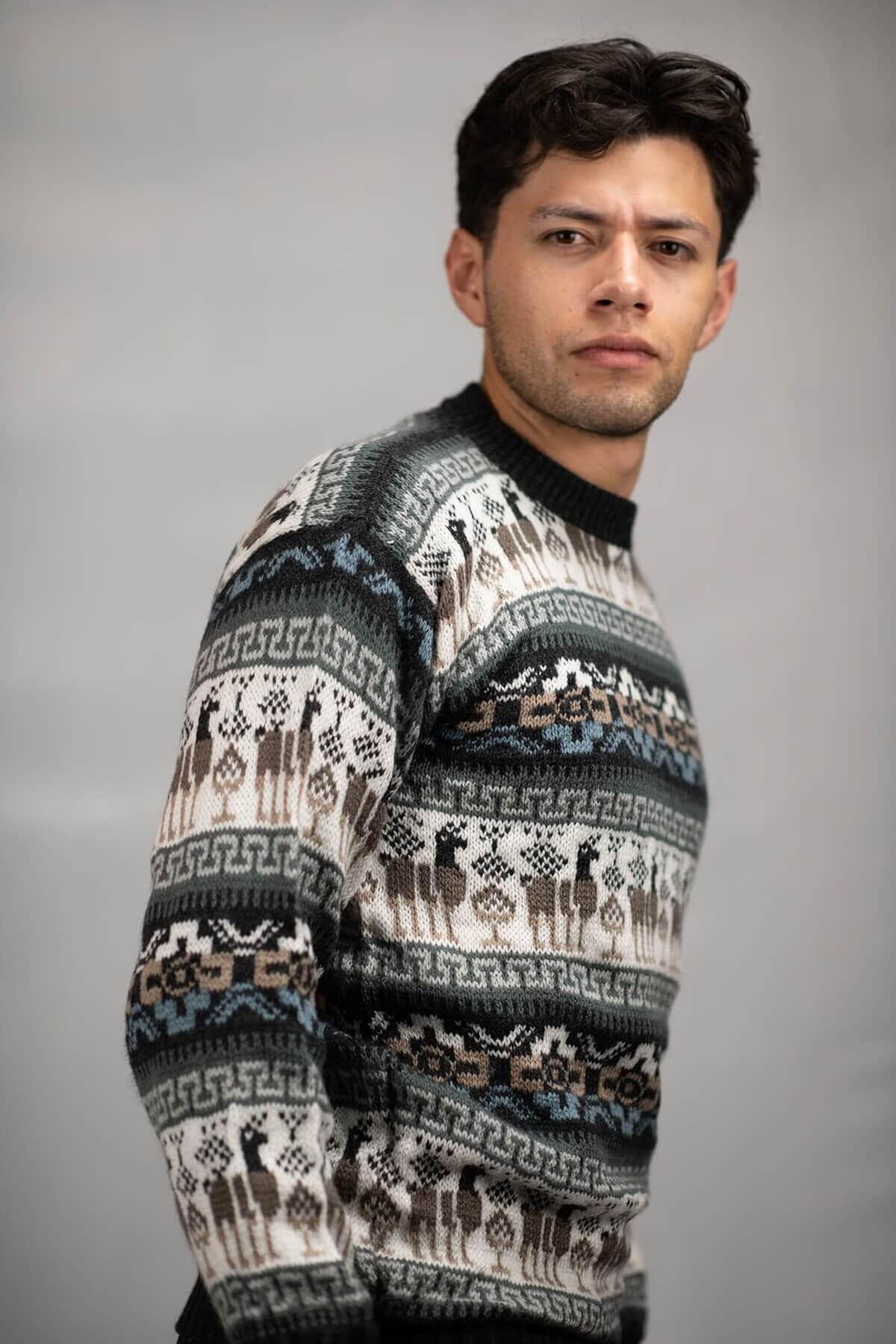 Pullover Sweater Incaica Blue 100% Peruvian alpaca Handmade Men's