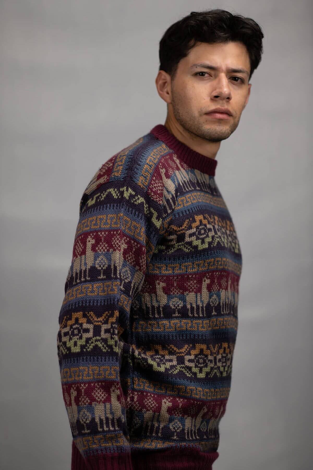 Pullover Sweater Incaica Burgundy 100% Peruvian alpaca Handmade Men's