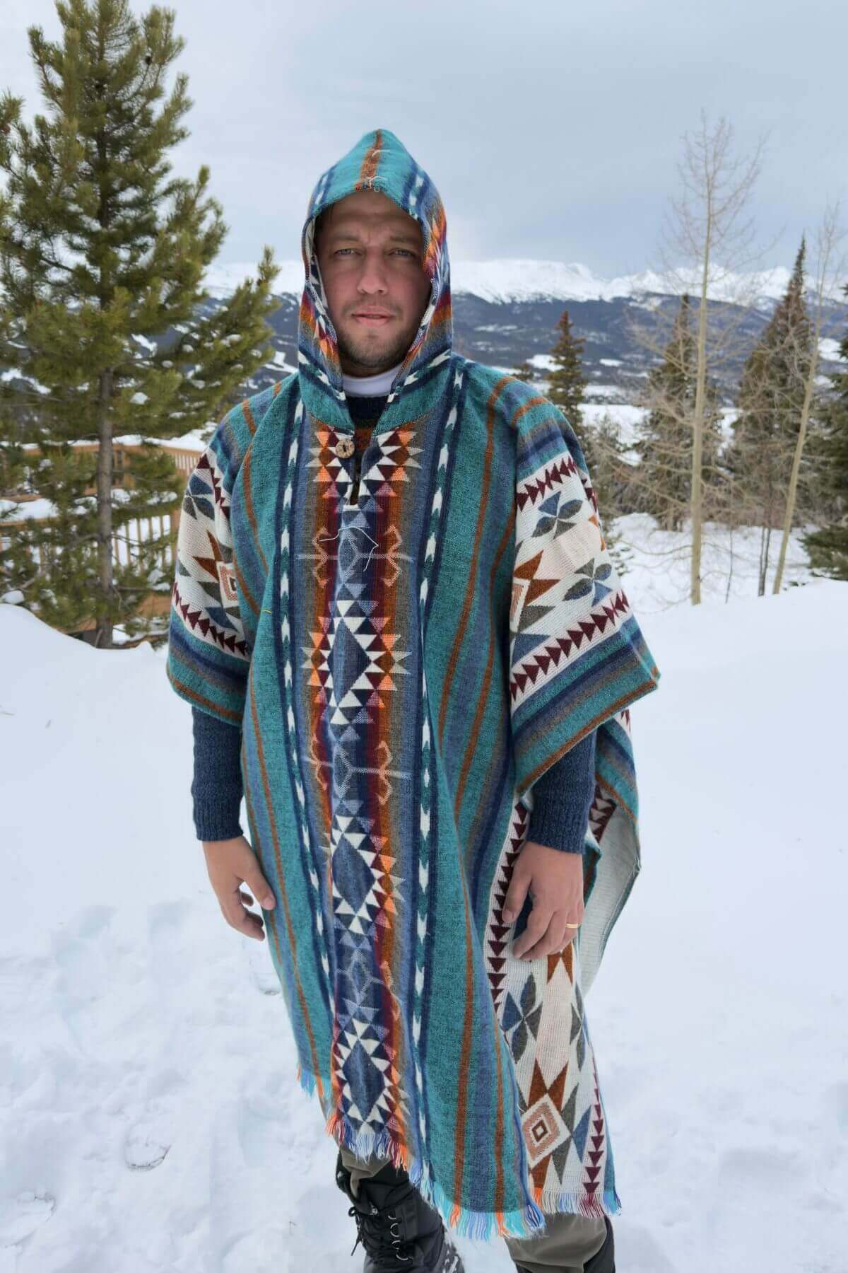 Poncho Cuzco wool Blue 100% Peruvian alpaca Handmade Unisex