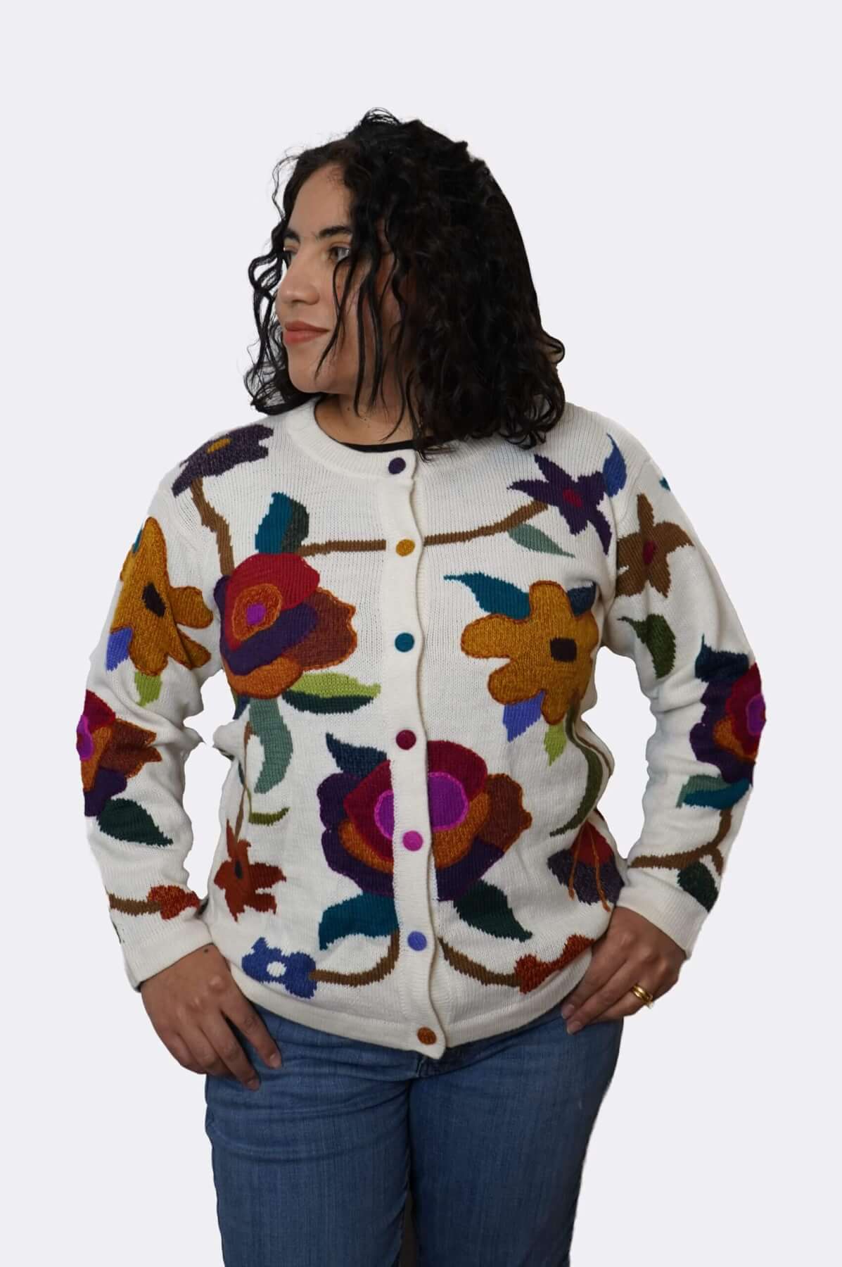 Women's 100% baby alpaca floral cardigan - front view buttoned
