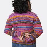 Women's alpaca cardigan back view - colorful striped knit detail