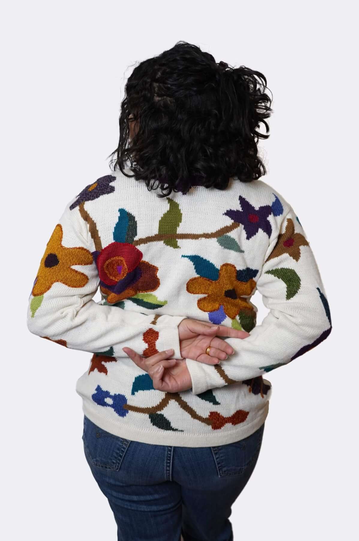 Baby alpaca floral sweater back view - flexible comfortable fit