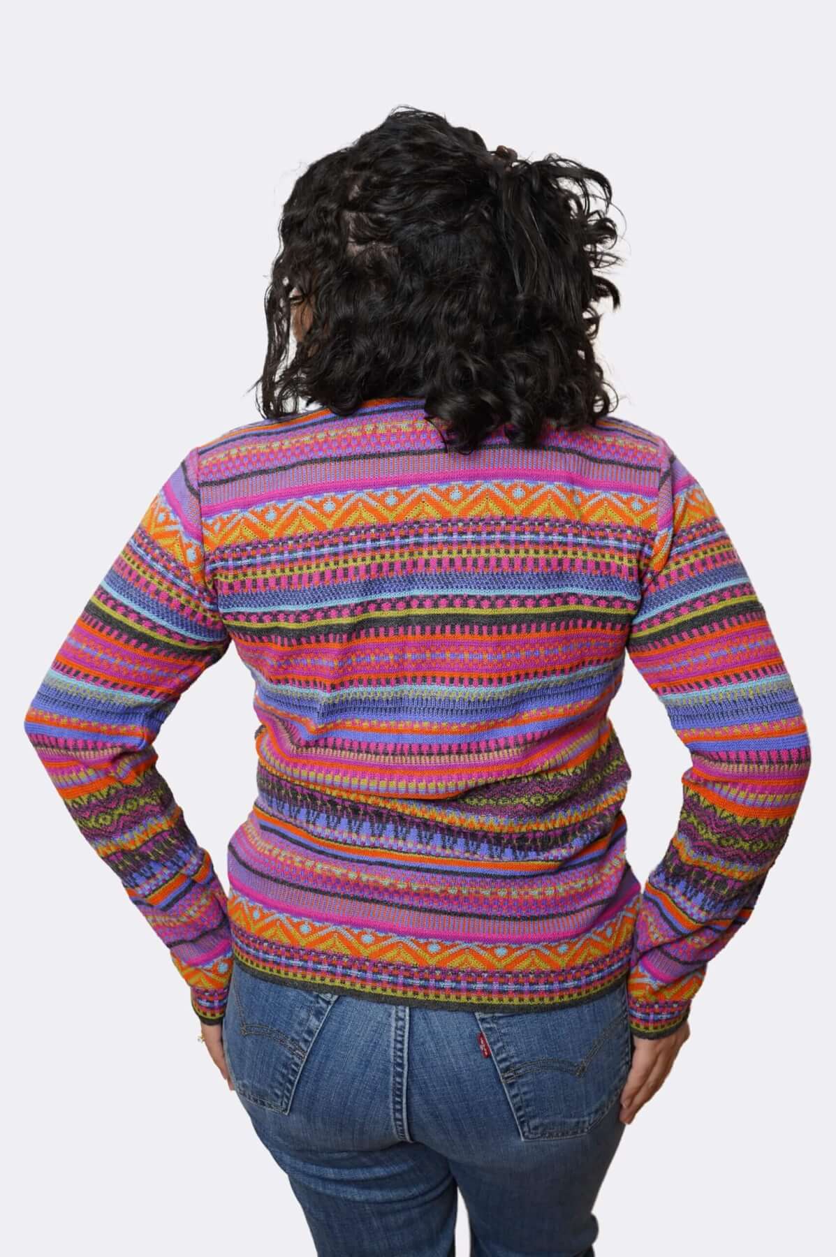 Baby alpaca striped cardigan back view - Sumaq Andean pattern