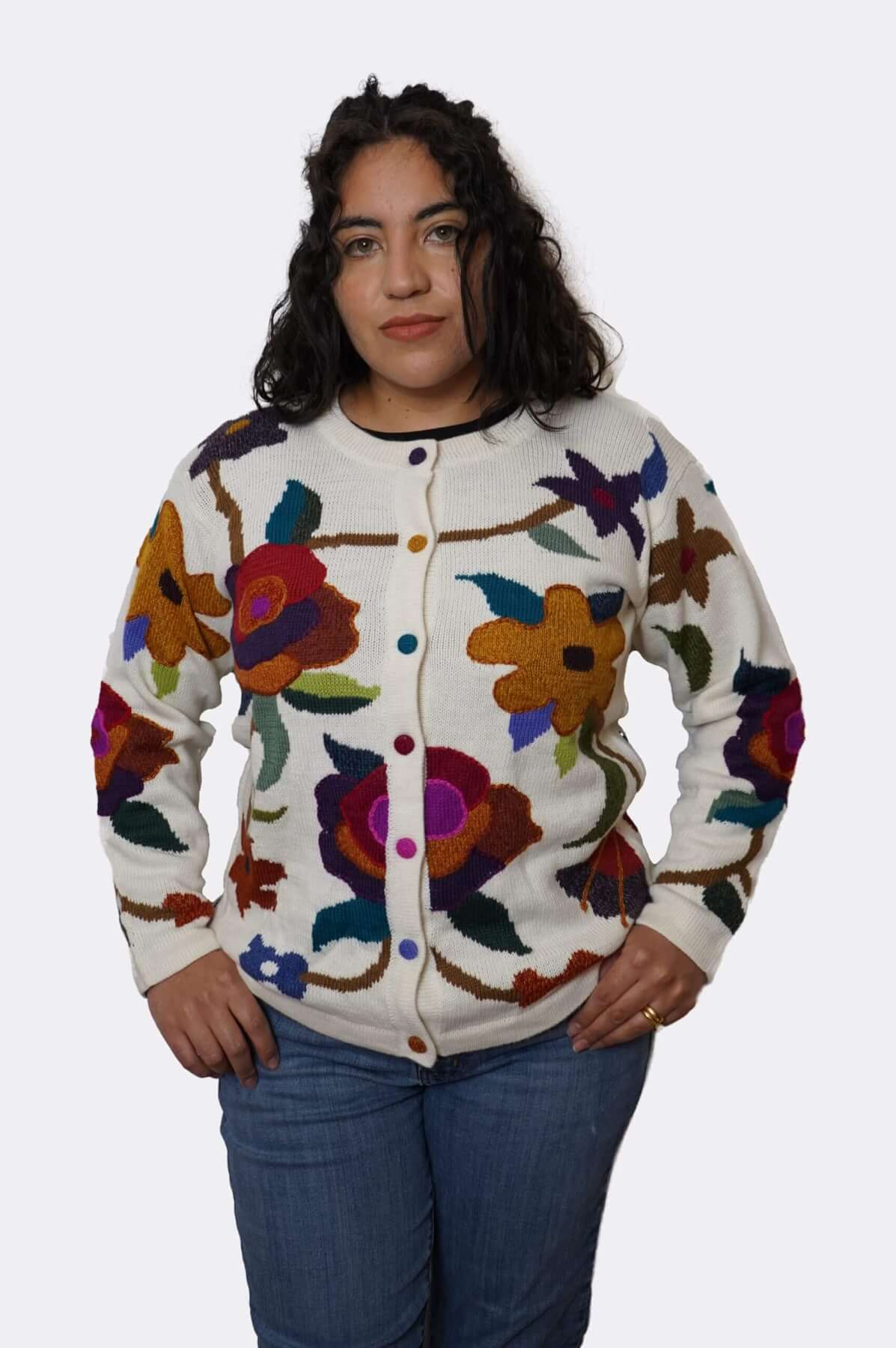 100% baby alpaca floral cardigan buttoned - front detail view