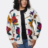 Woman posing in baby alpaca floral cardigan - Peruvian handmade