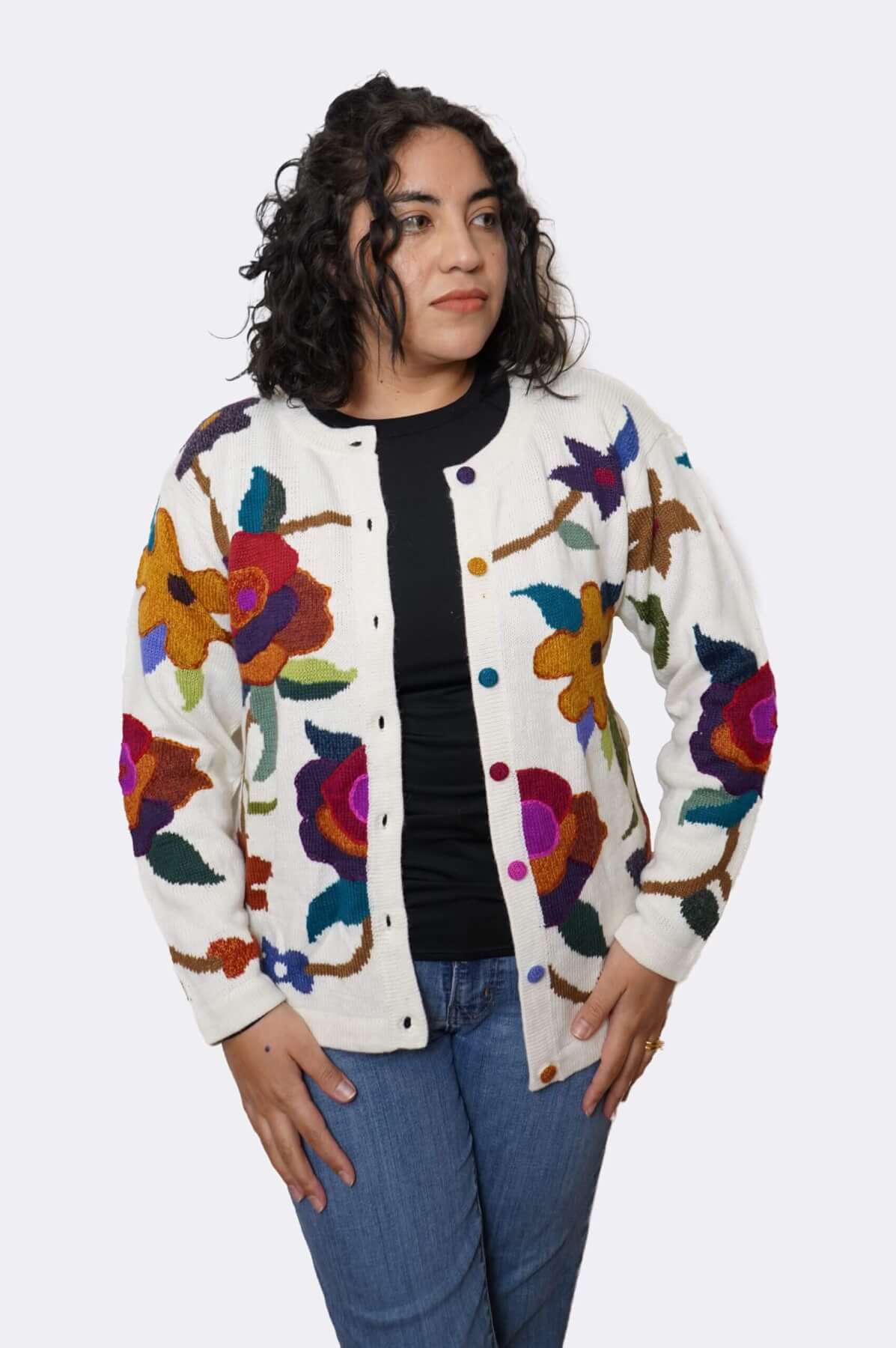 Woman posing in baby alpaca floral cardigan - Peruvian handmade