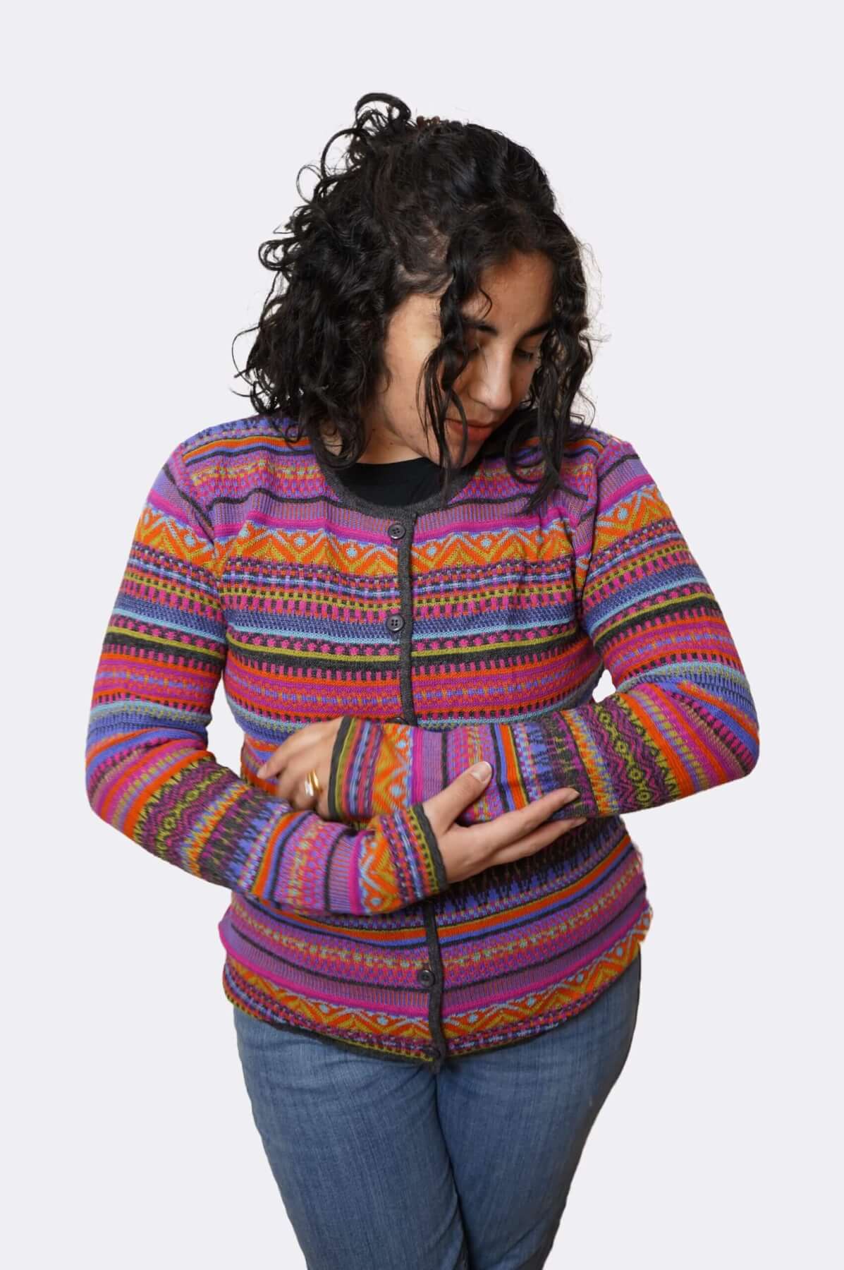Baby alpaca Sumaq cardigan front view - arms crossed comfortable fit