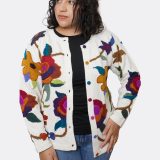 Woman modeling baby alpaca floral sweater - hands on hips