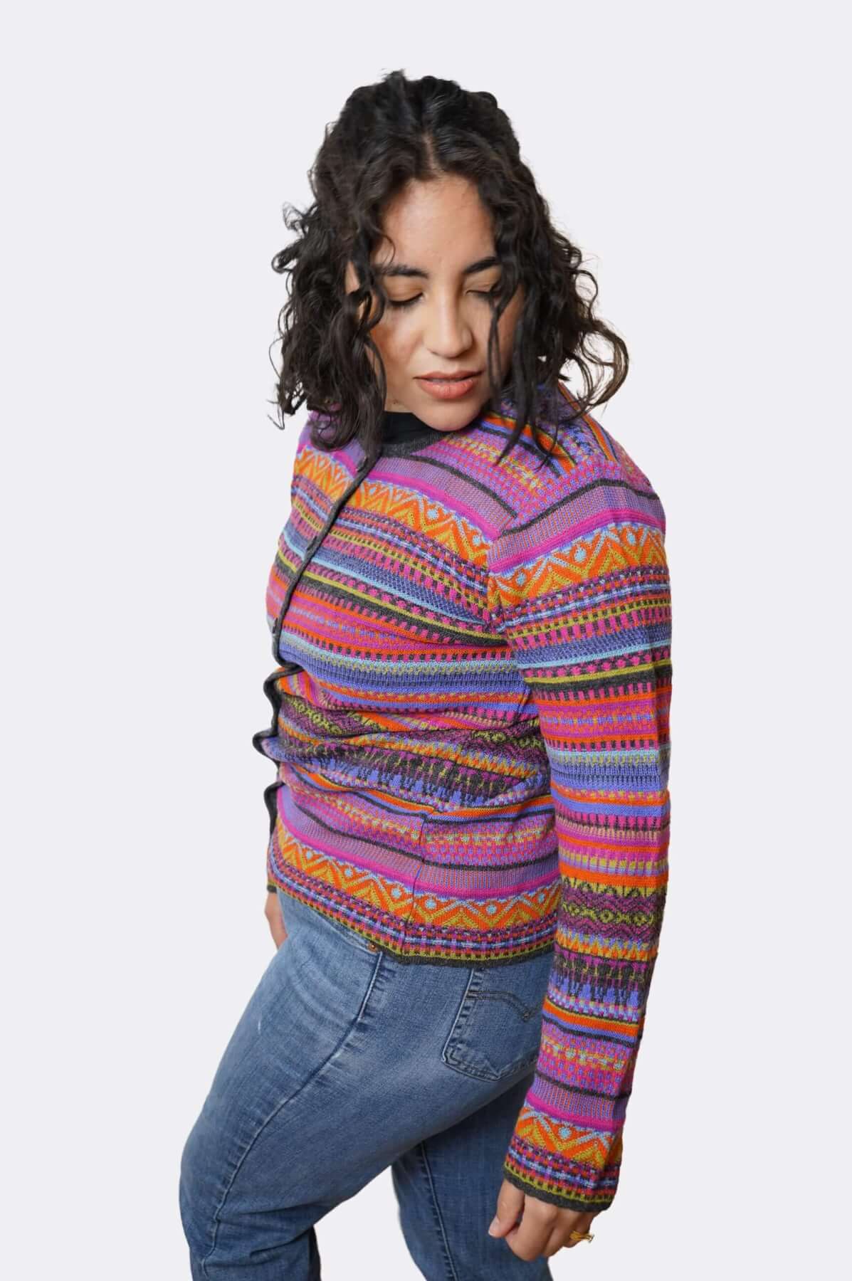 Sumaq Sweater side view - baby alpaca striped cardigan