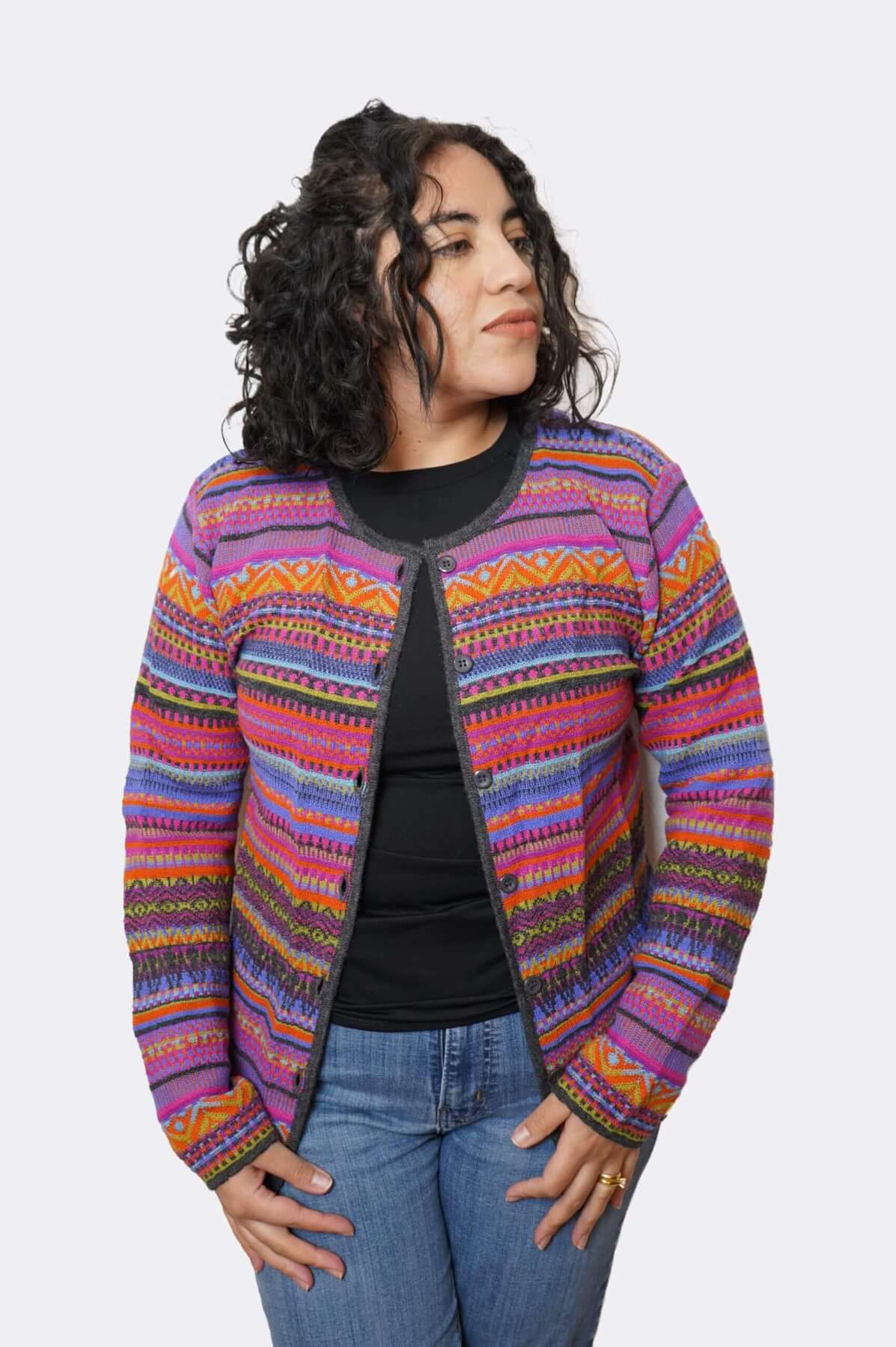 Baby alpaca Sumaq cardigan open view - vibrant color detail