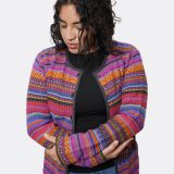 Woman modeling open alpaca striped cardigan - Peruvian handmade