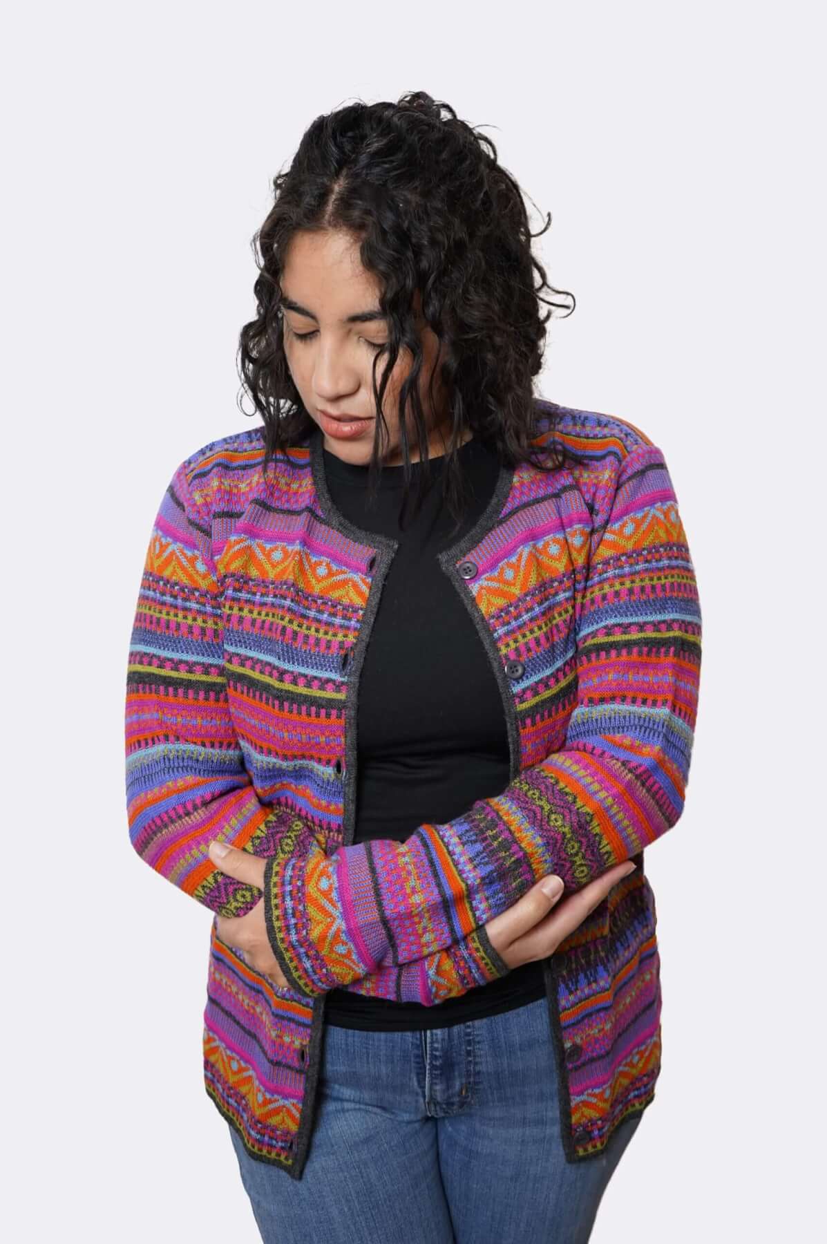 Woman modeling open alpaca striped cardigan - Peruvian handmade