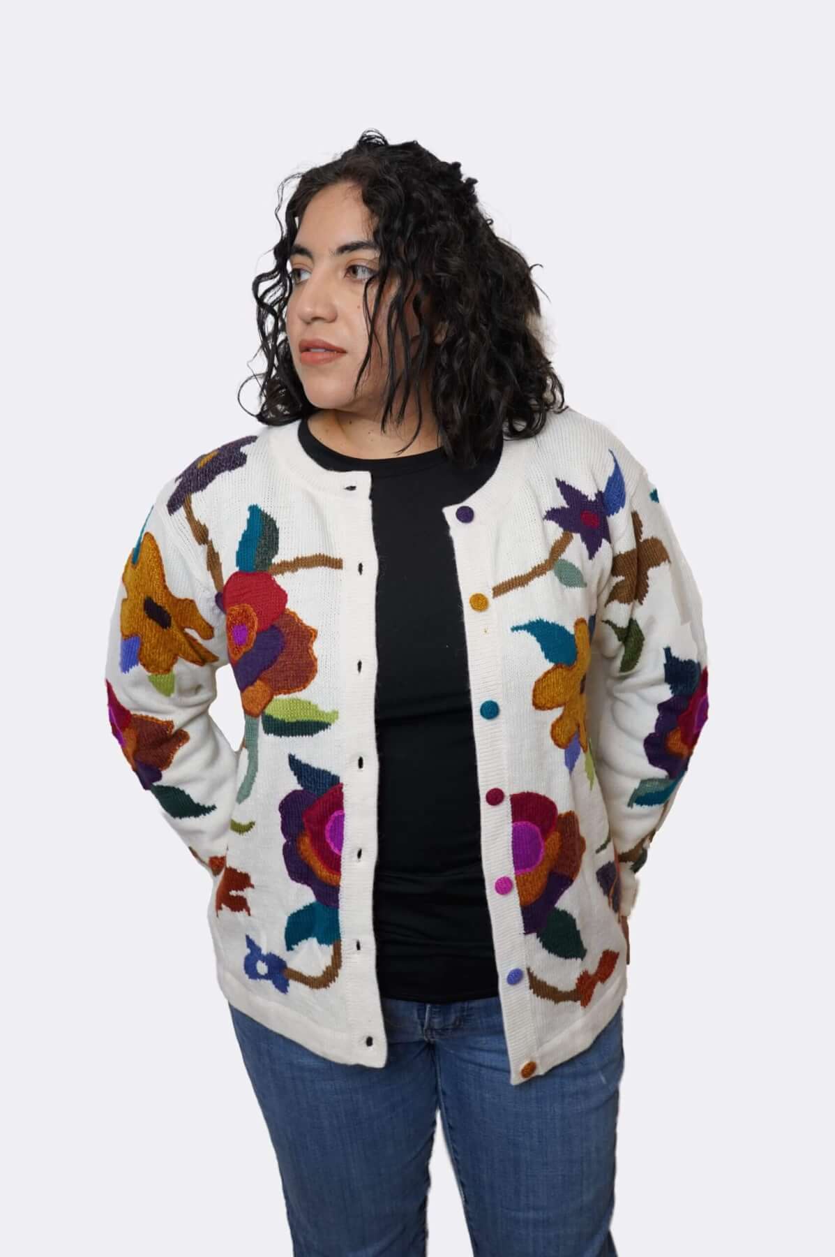 100% baby alpaca cardigan open front - floral embroidered design