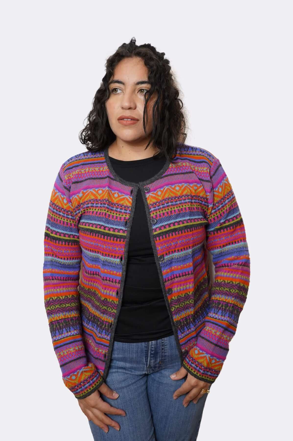 100% baby alpaca cardigan open front - Andean striped pattern