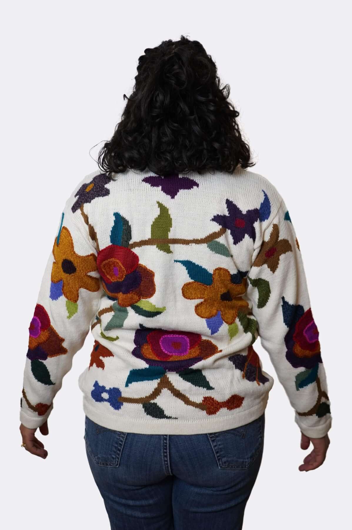 Baby alpaca floral cardigan back view - arms extended fit