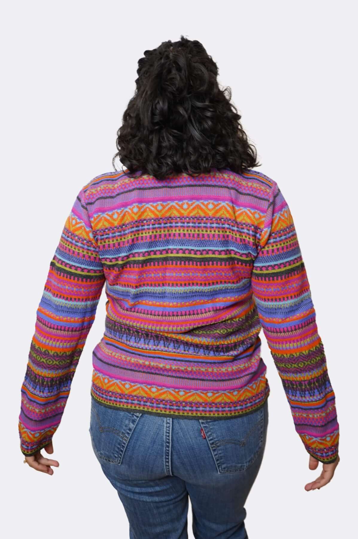 100% baby alpaca sweater back view - vibrant Andean stripes