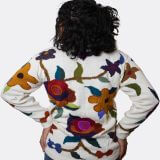 Handmade alpaca cardigan back view - floral embroidery detail