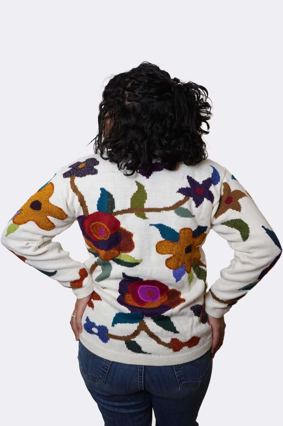 Handmade alpaca cardigan back view - floral embroidery detail